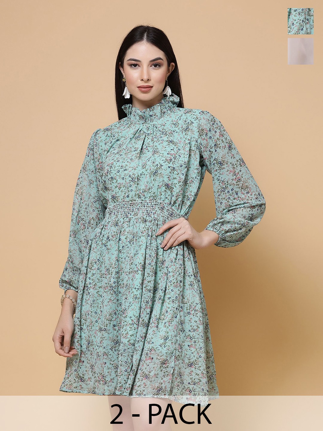 

MISS AYSE Pack of 2 Floral Print Georgette Fit & Flare Dress, Green