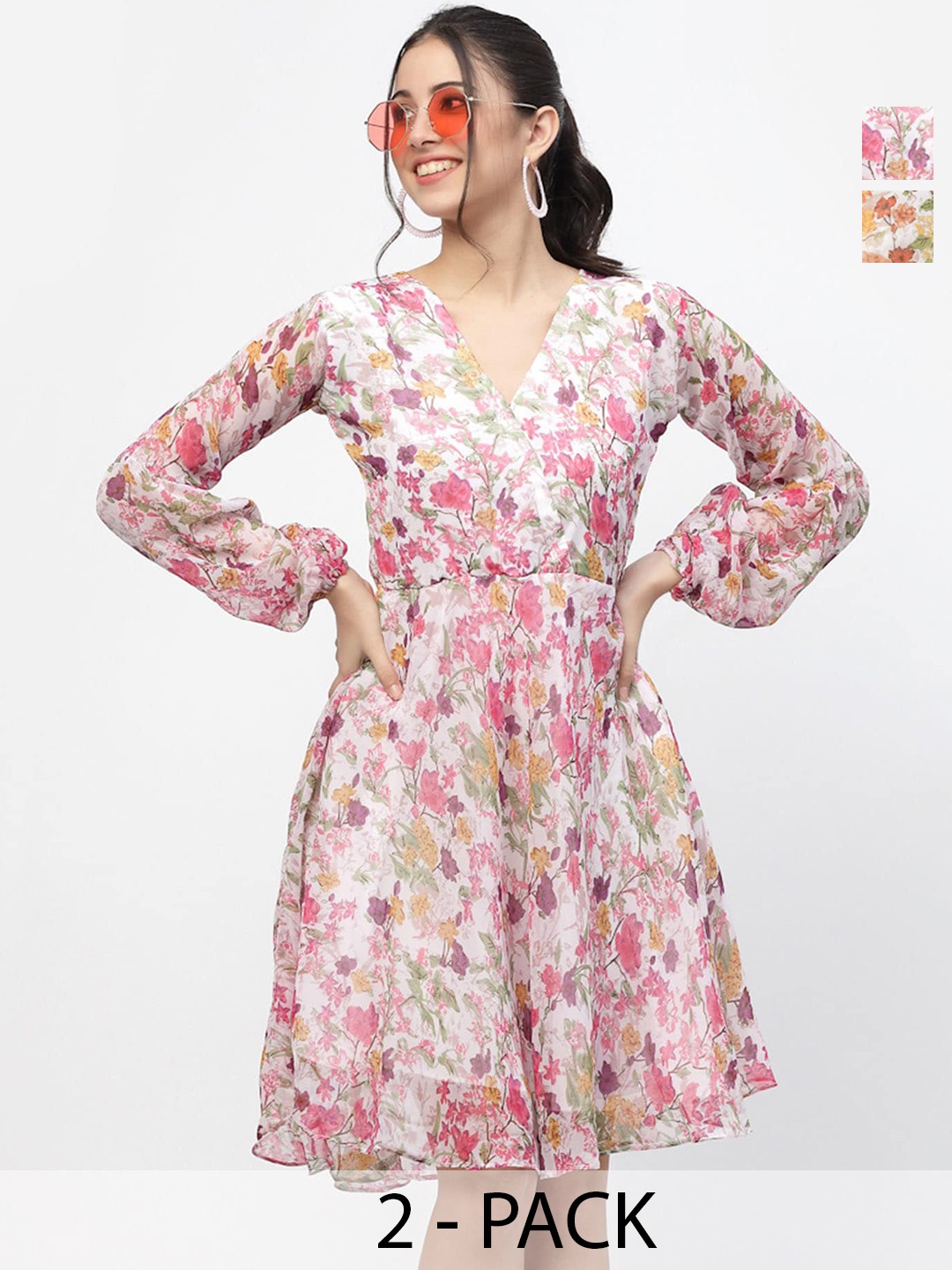 

MISS AYSE Pack of 2 Floral Printed Georgette Fit & Flare Dress, White
