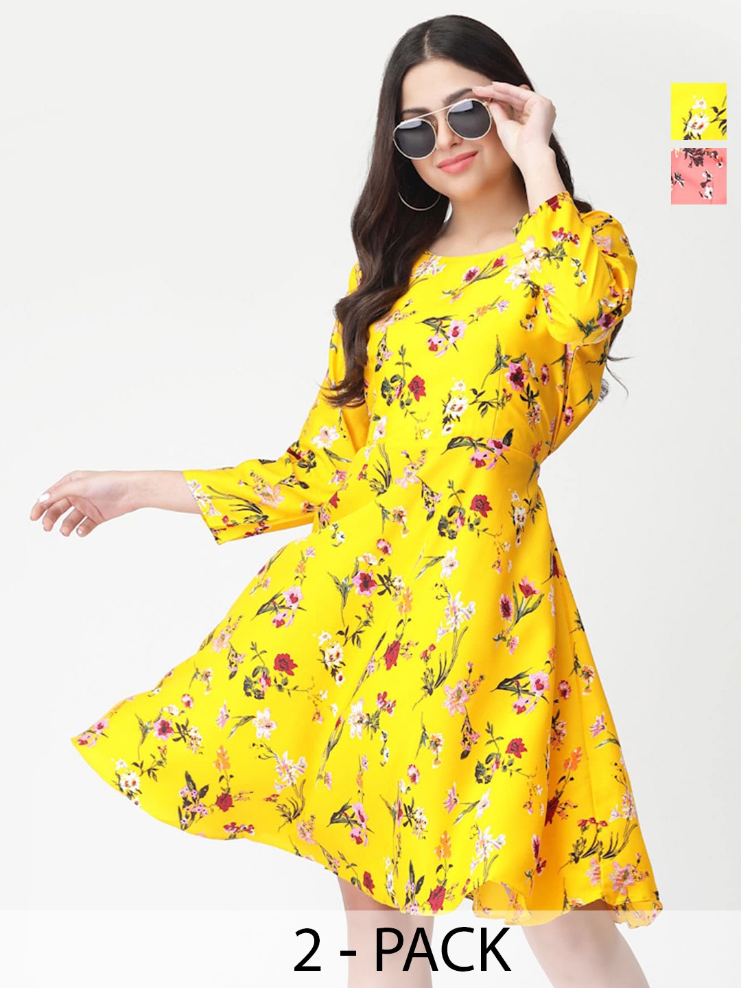 

MISS AYSE Pack of 2 Floral Print Crepe Fit & Flare Midi Dress, Yellow