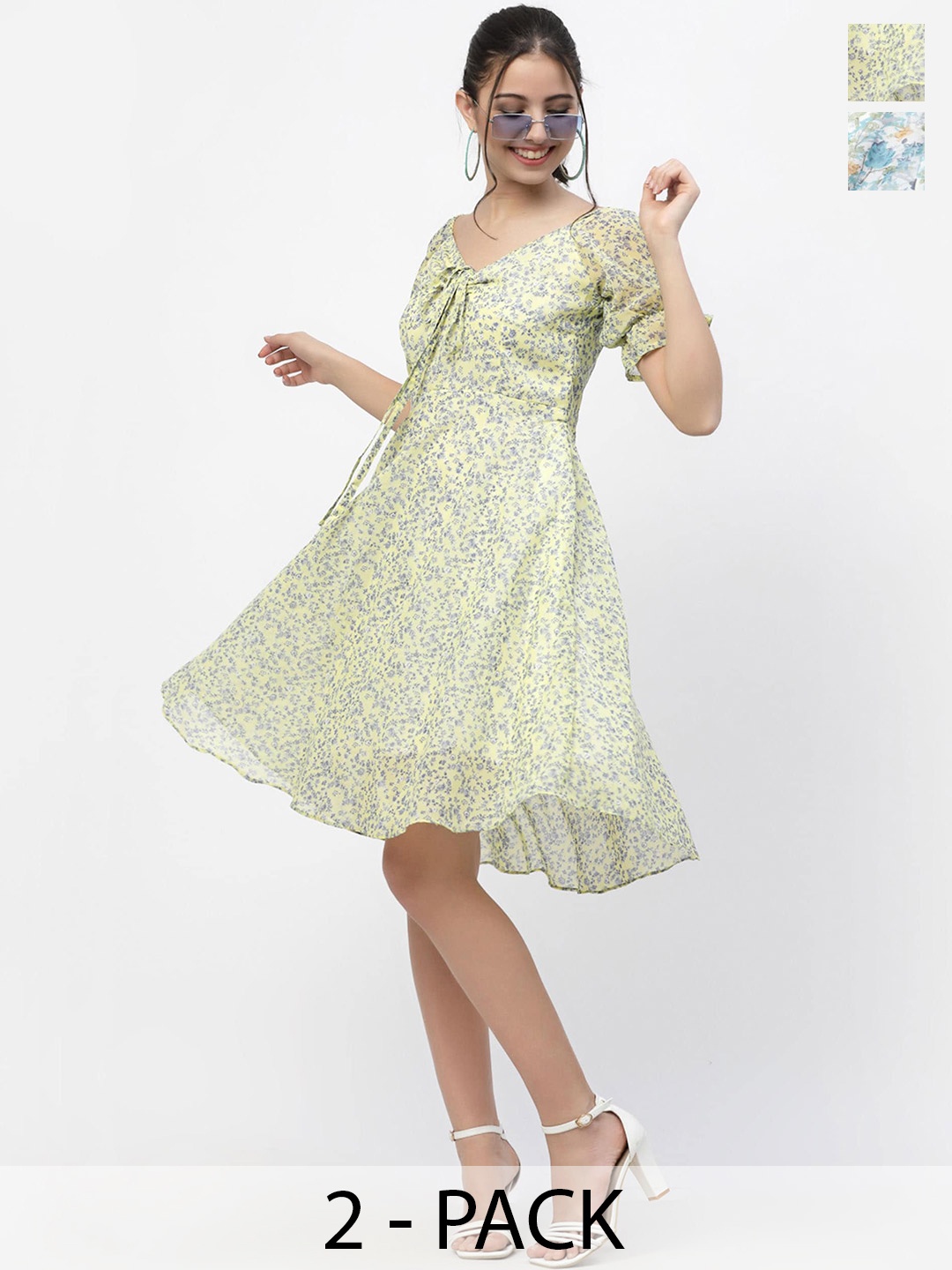 

MISS AYSE Pack of 2 Floral Print Georgette Fit & Flare Dresses, Green
