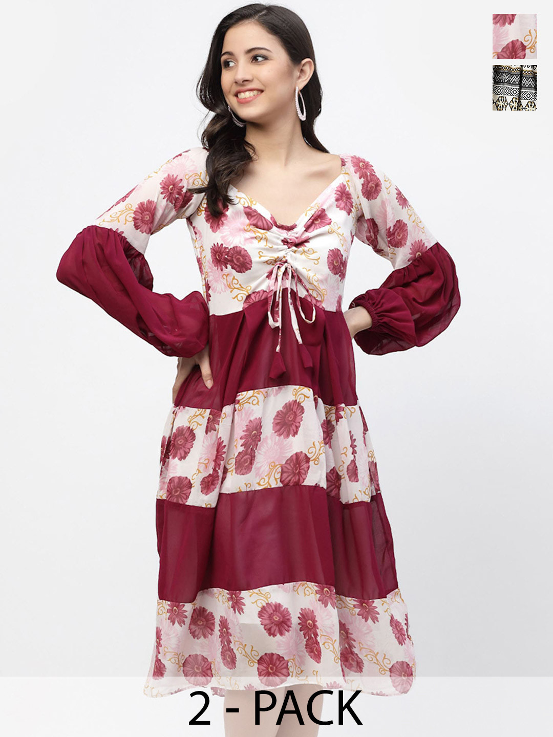 

MISS AYSE Pack of 2 Floral Printed Puff Sleeve Georgette Fit & Flare Dress, Brown