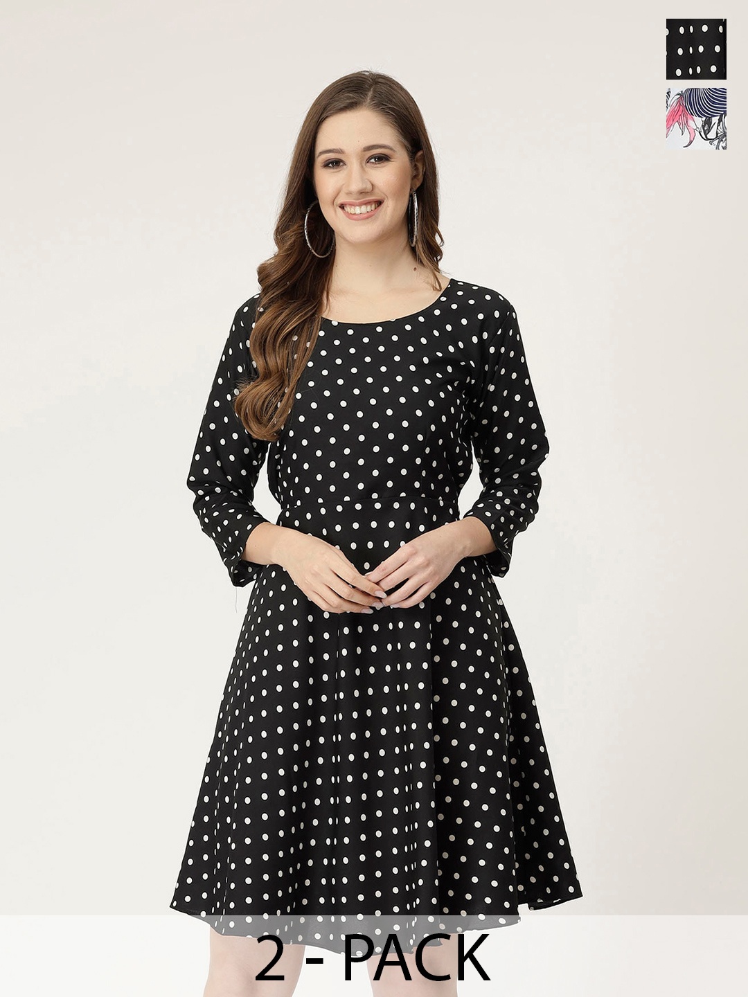 

MISS AYSE Pack of 2 Polka Dot Print Crepe Fit & Flare Dress, Black