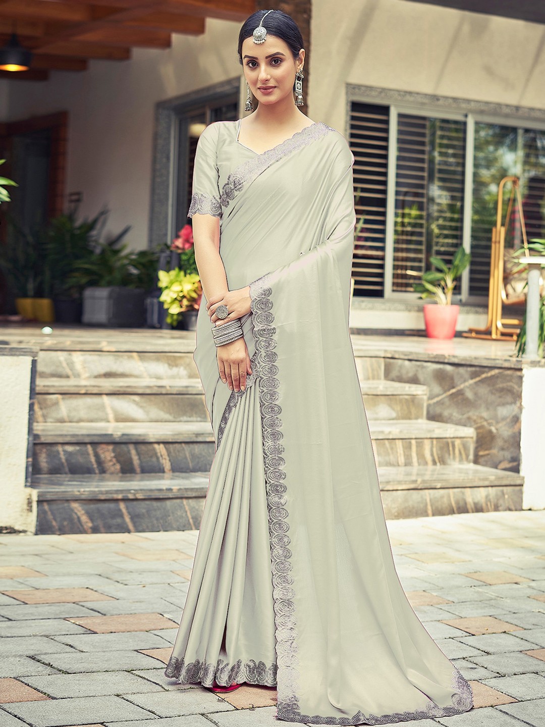 

Satrani Beige & Grey Embellished Satin Saree