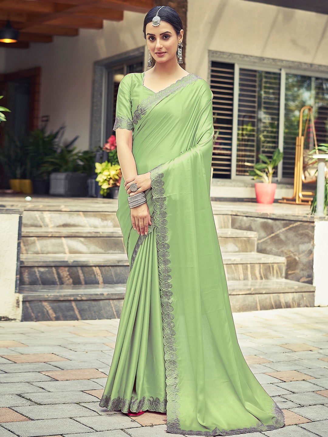 

Satrani Green & Grey Embellished Satin Saree