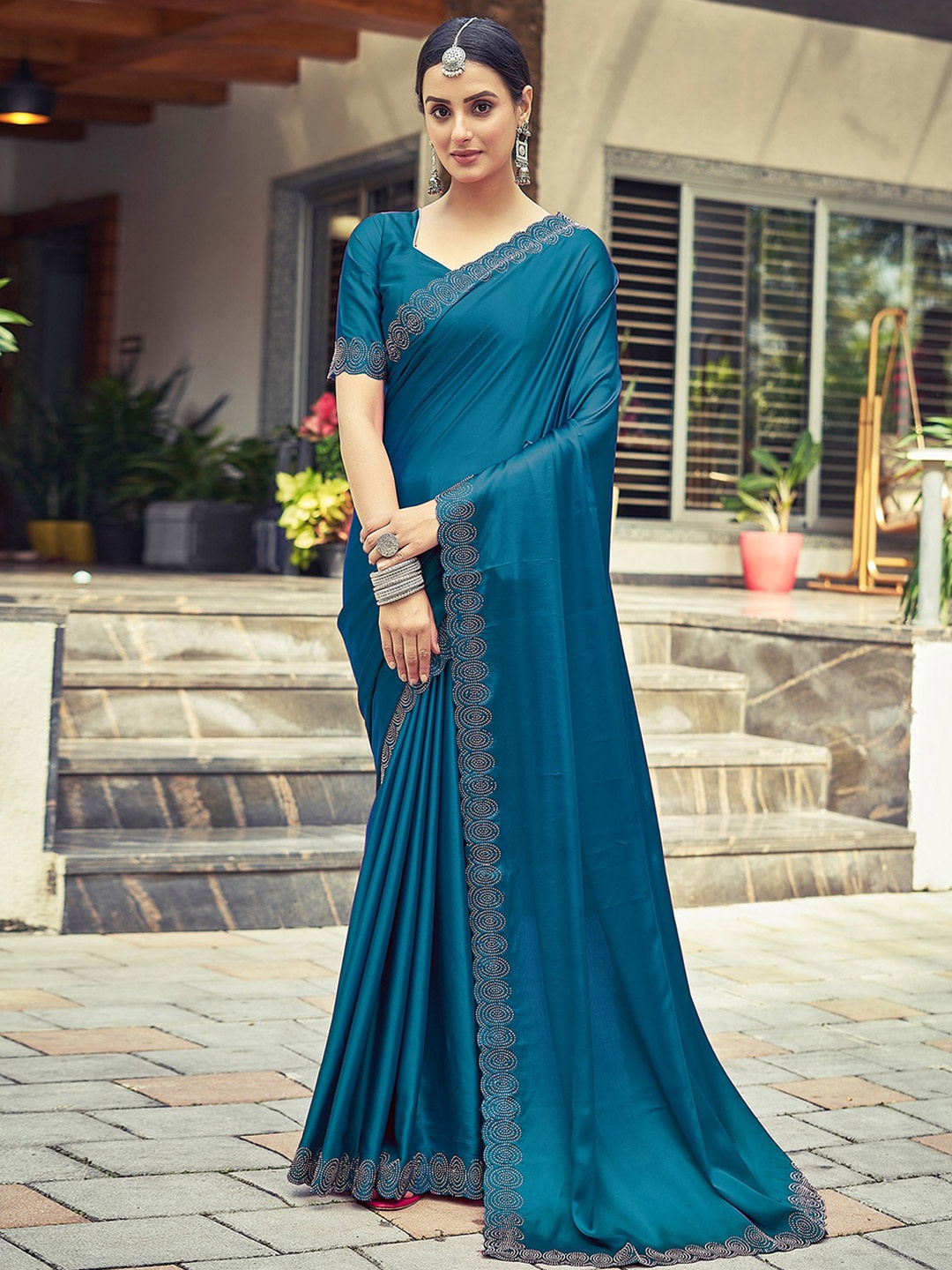 

Satrani Blue & Grey Embellished Satin Saree