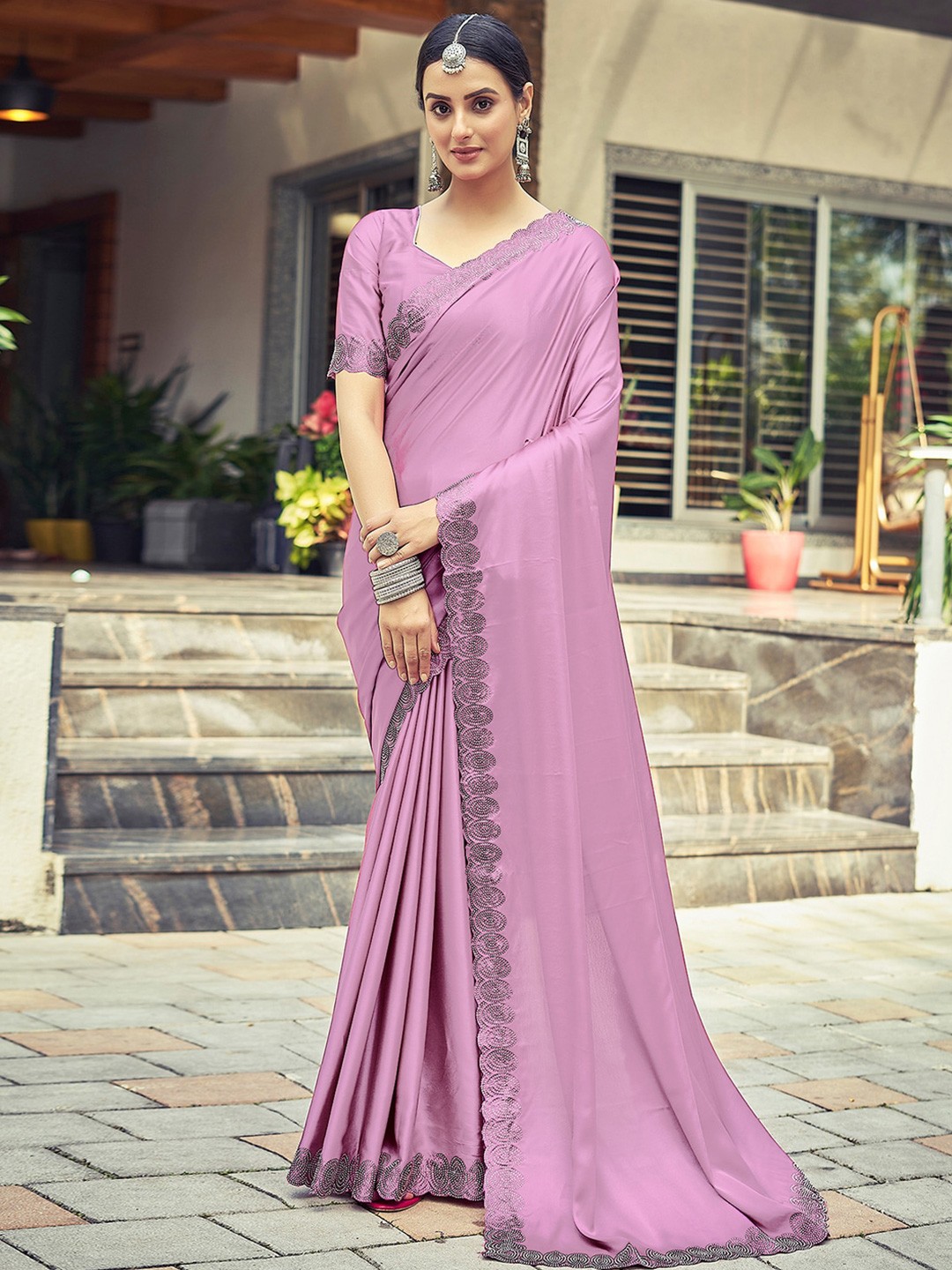 

Satrani Pink & Grey Embellished Satin Saree