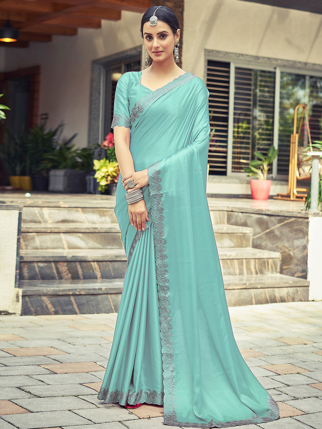 

Satrani Beads and Stones Satin Saree, Green