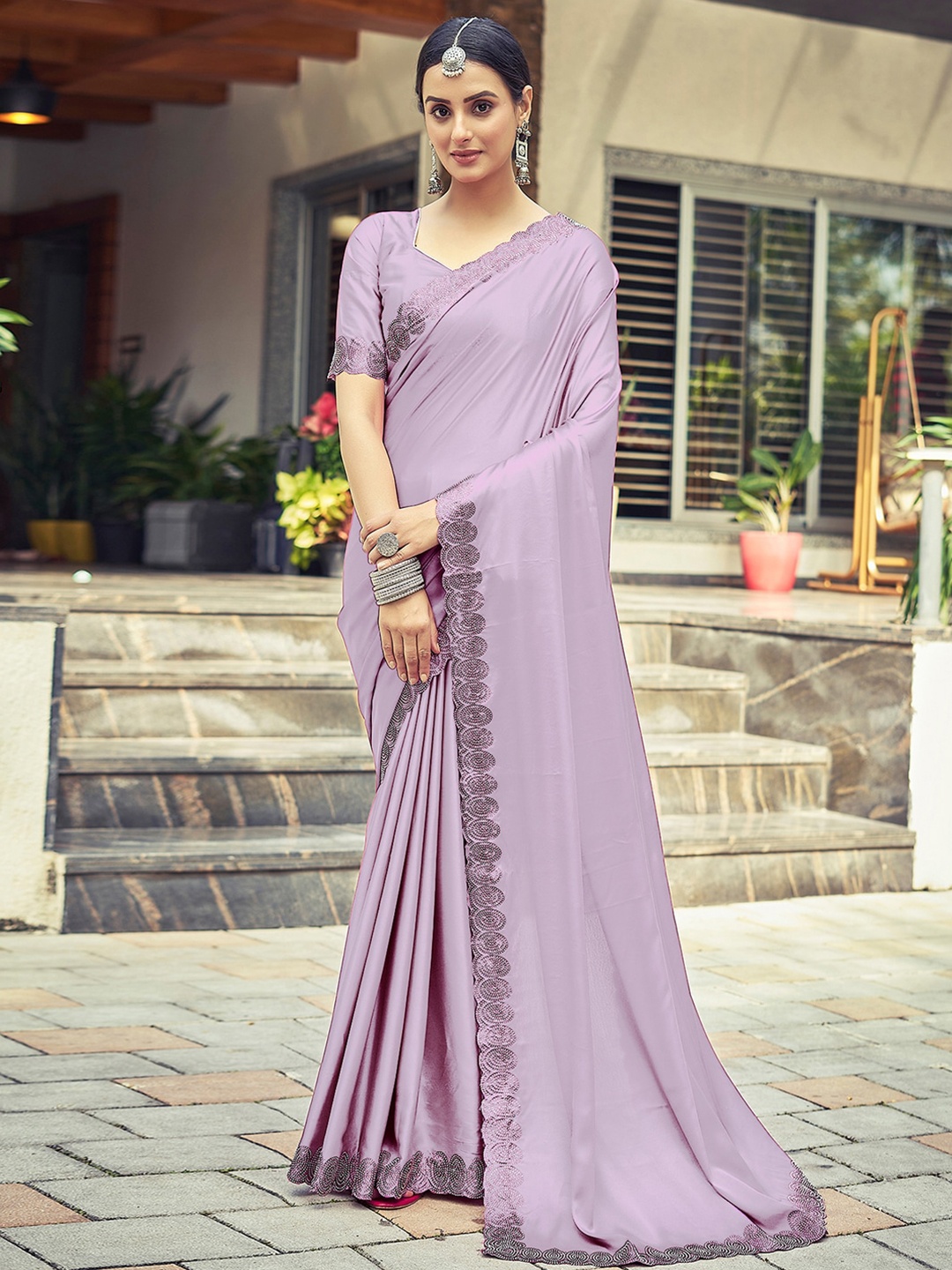 

Satrani Striped Beads and Stones Satin Saree, Lavender