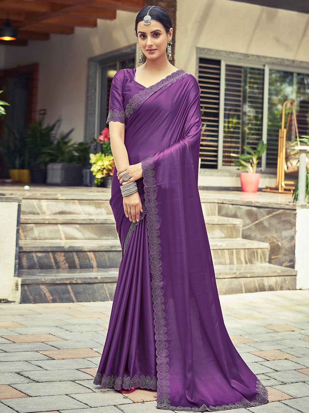 

Satrani Purple & Grey Embellished Satin Saree