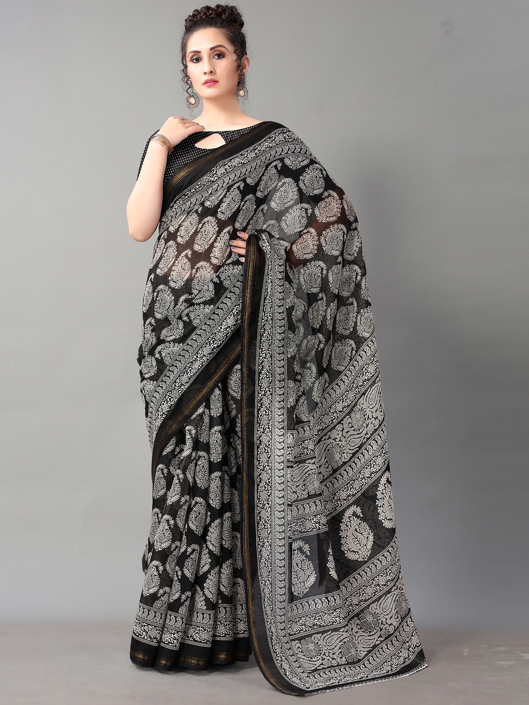 

Shaily Block print Ethnic Motifs Zari Saree, Black