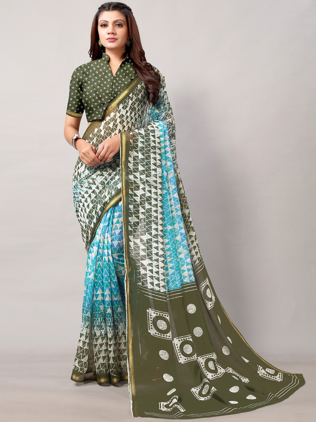

Shaily Geometric Printed Zari Cotton Saree, Olive