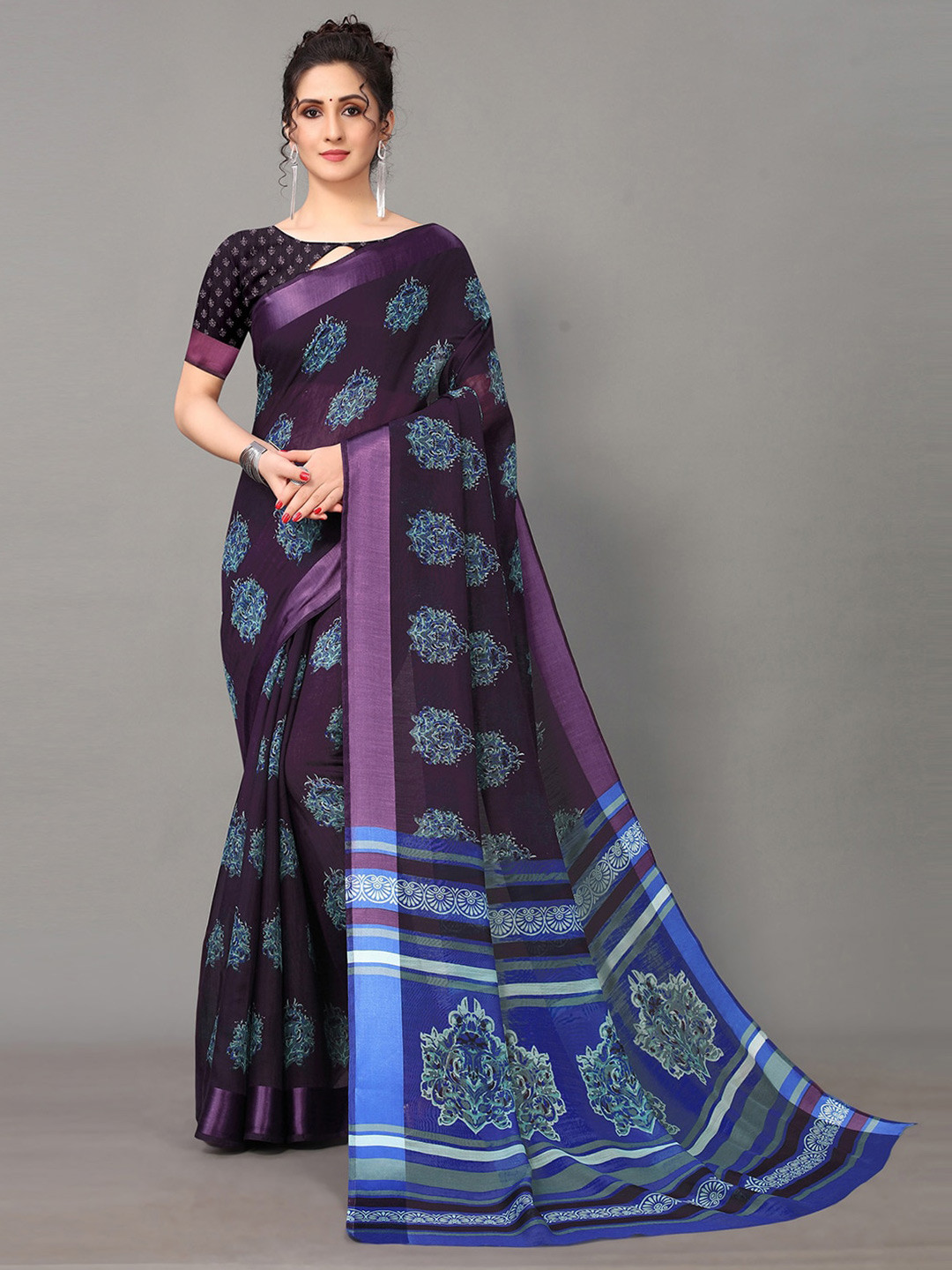

Shaily Ethnic Motif Block printed Saree, Purple
