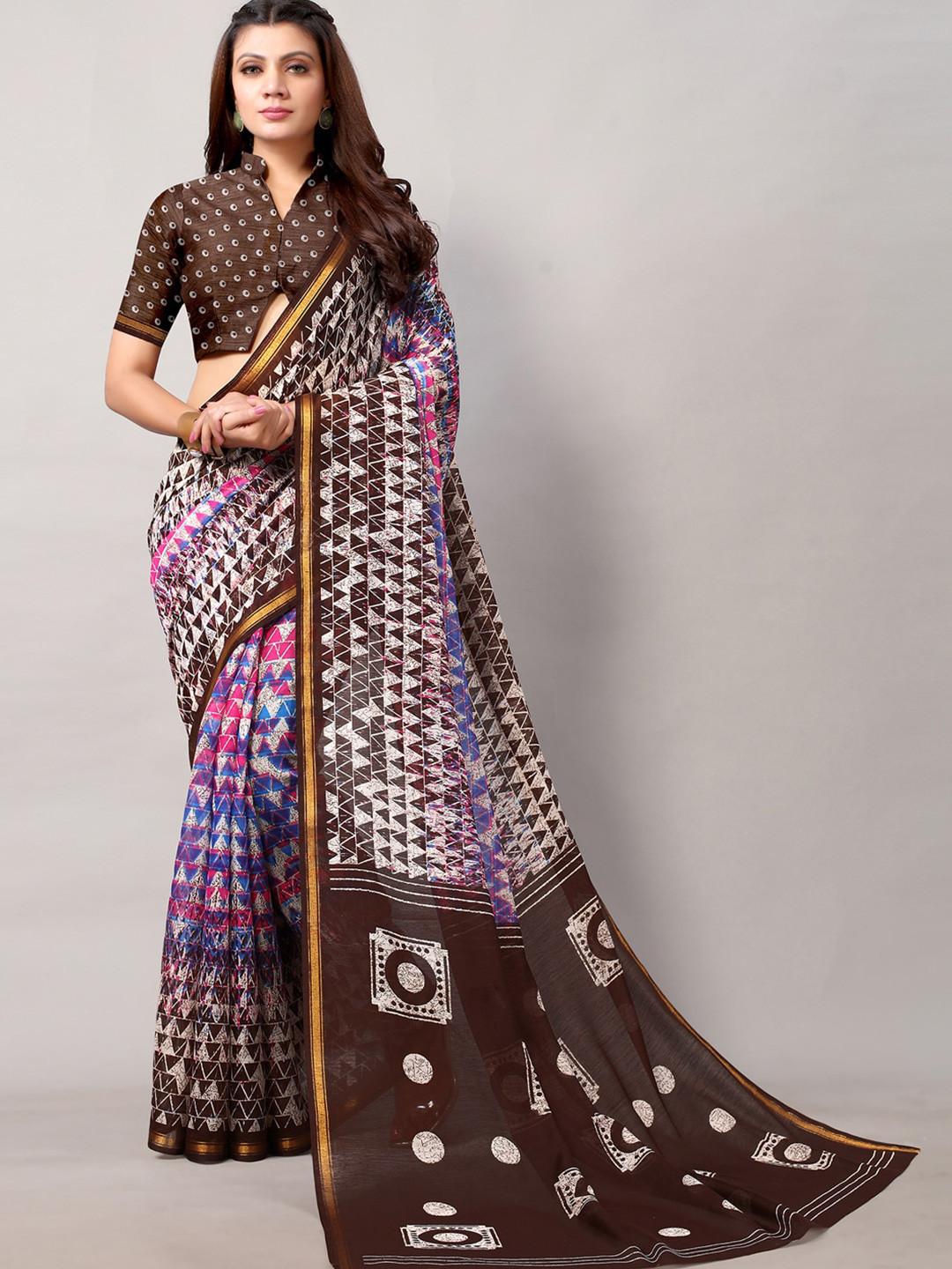 

Shaily Geometric Zari Saree, Brown