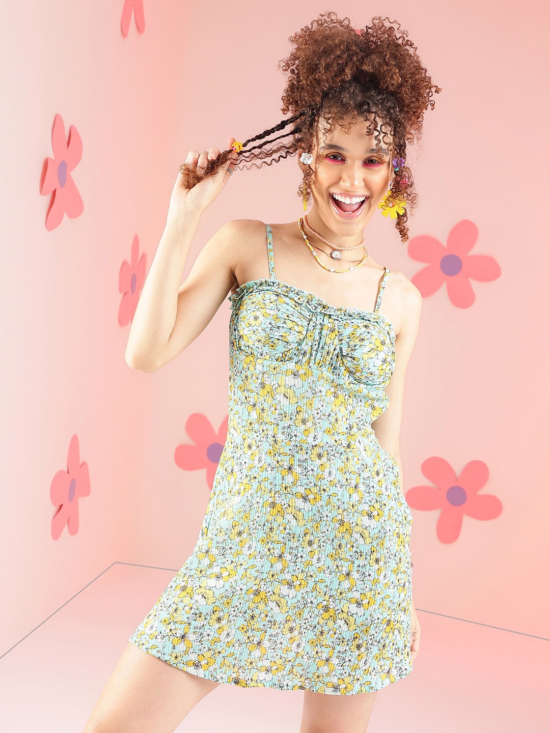 

PRETTY LOVING THING Shoulder straps Sleeveless Floral Print A-Line Dress, Green