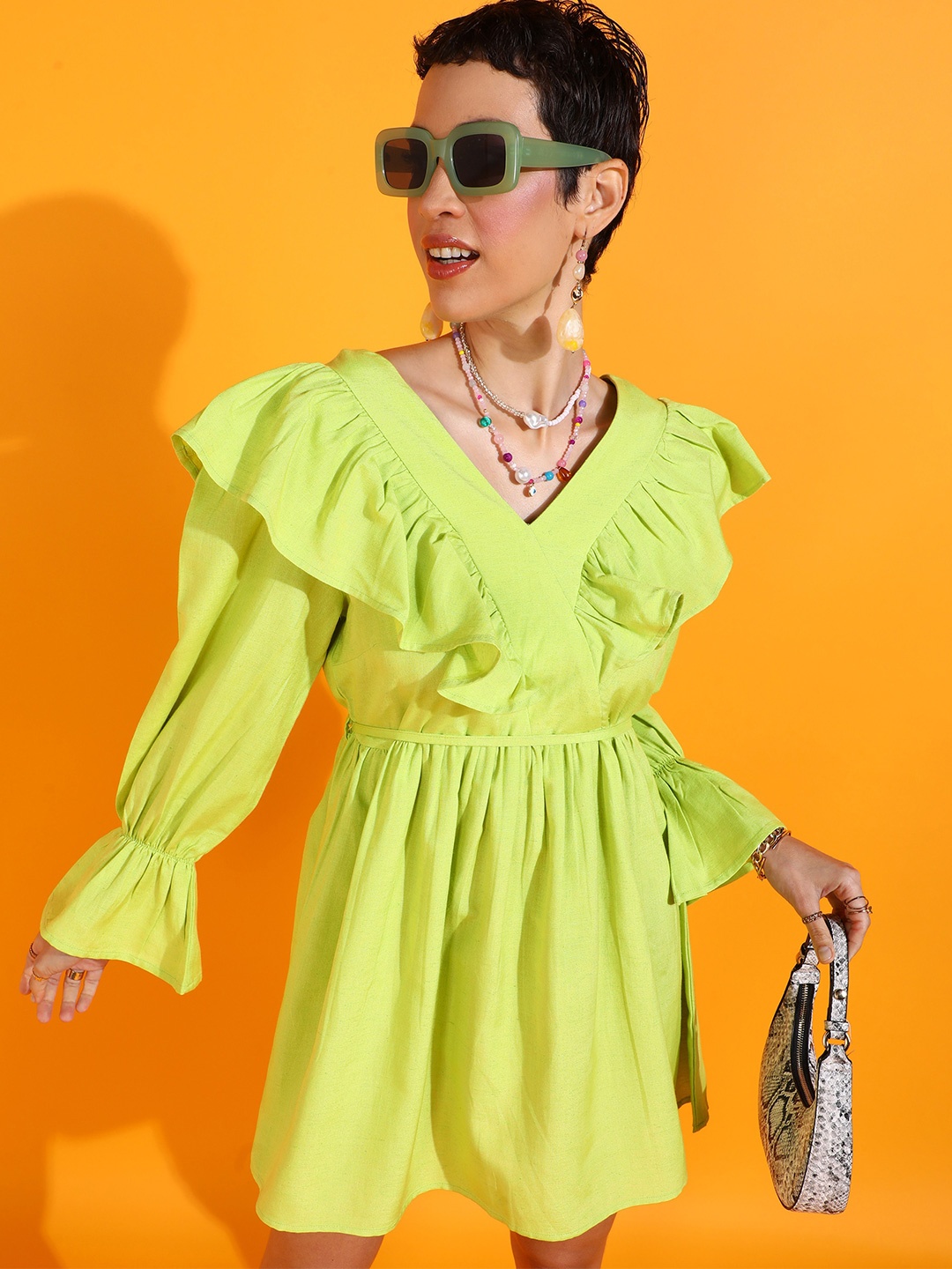 

PRETTY LOVING THING V-Neck Flutter Sleeve Fit & Flare Dress, Lime green