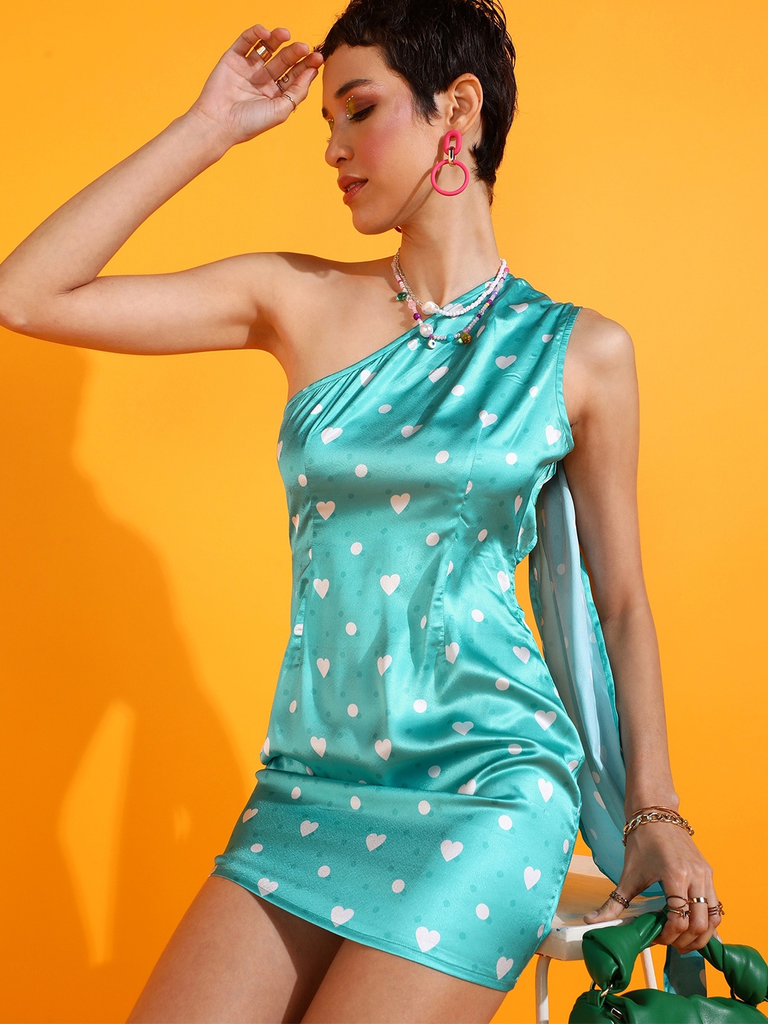 

PRETTY LOVING THING One Shoulder Sleeveless Polka Dot Print Sheath Mini Dress, Turquoise blue