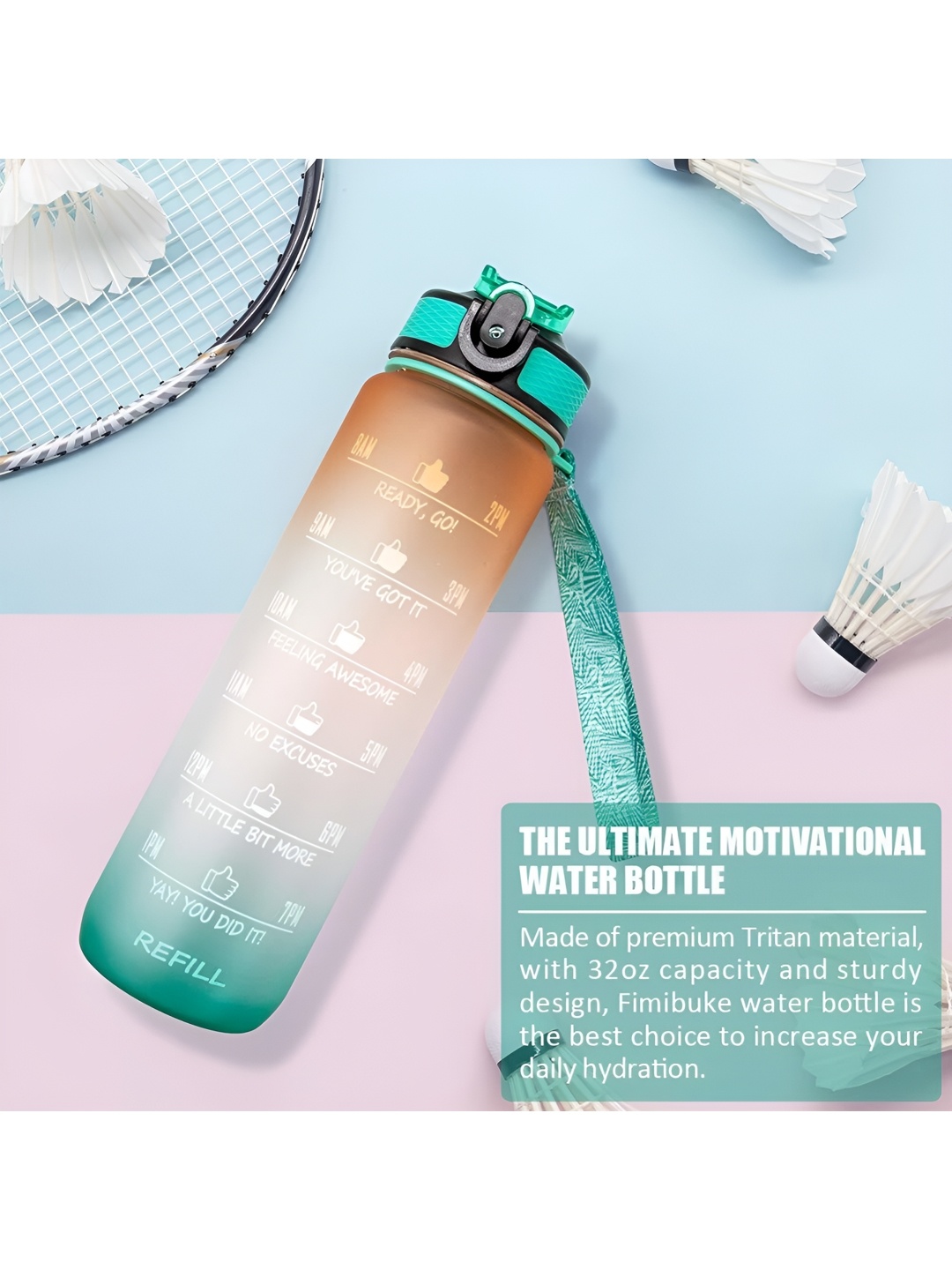 

curio centre Orange & Green Typography Printed Tritan Time Markings Sports Water Bottle 1l