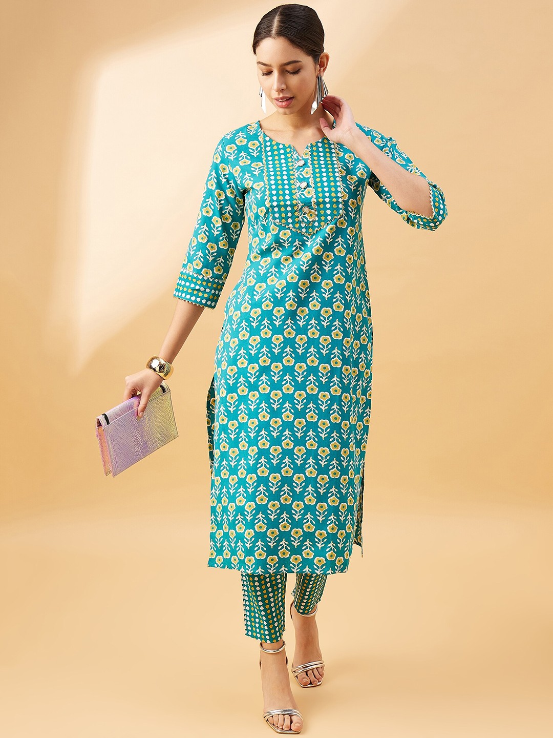 

all about you Floral Printed Notch Neck Gotta Patti Kurta With Trousers, Teal