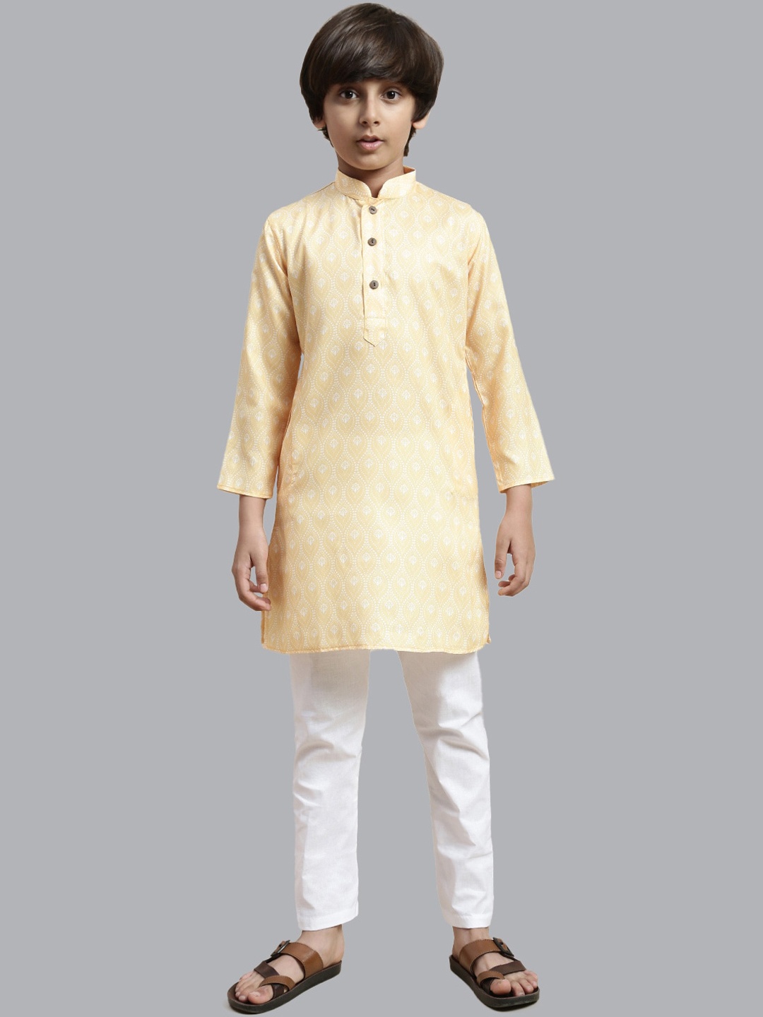 

Sangria Boy Mandarin Collar Long Sleeves Printed Straight Kurta With Pyjama Set, Yellow