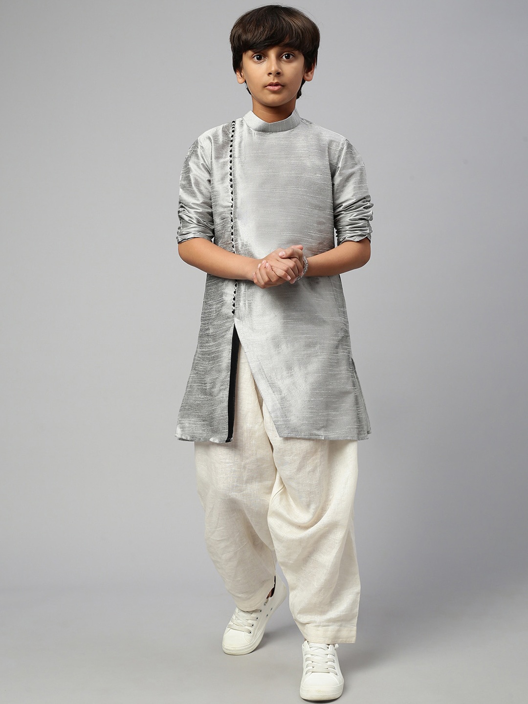 

Sangria Boys Self Design Angrakha Straight Kurta With Dhoti Pant, Silver