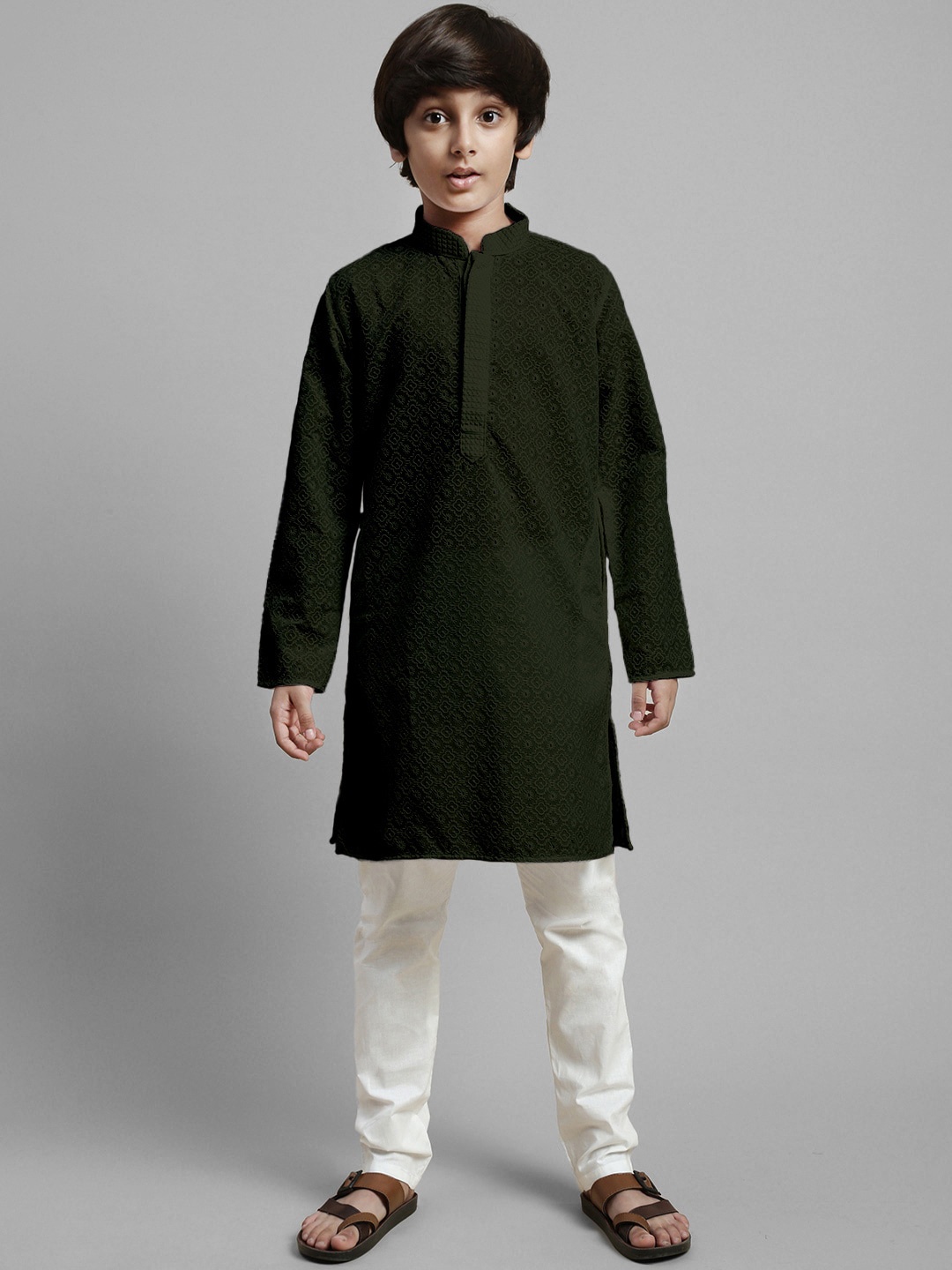 

Sangria Boys Chikankari Embroidered Straight Kurta & Dhoti Pant, Green