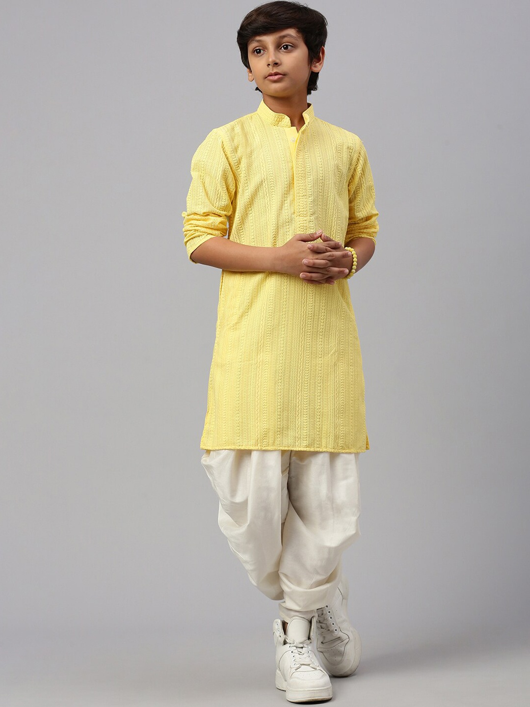 

Sangria Boys Chikankari Embroidered Straight Kurta With Dhoti Pant, Yellow