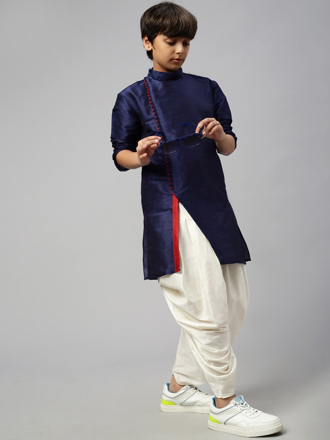 

Sangria Boys Mandarin Collar Angrakha Straight Kurta With Dhoti Pant, Blue