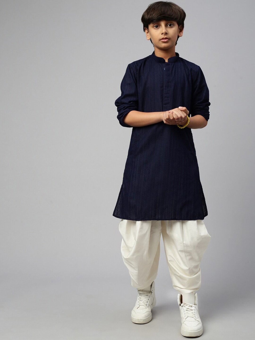 

Sangria Boys Navy Blue Embroidered Chikankari Straight Kurta With Dhoti Pants