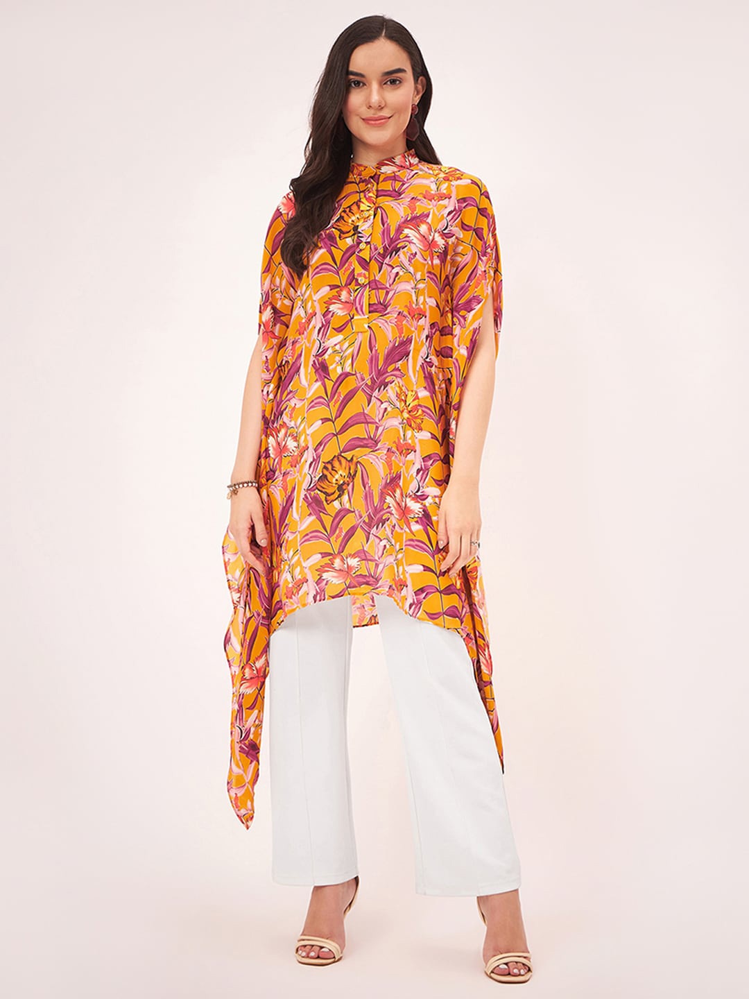 

First Resort by Ramola Bachchan Tropical Printed Mandarin Collar Tunic, Yellow