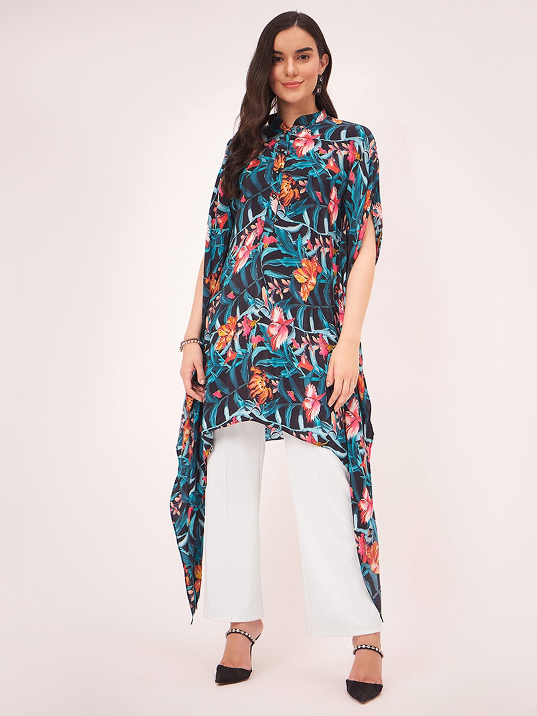 

First Resort by Ramola Bachchan Tropical Printed Mandarin Collar Tunic, Black