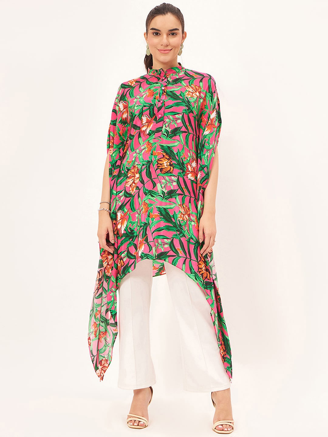 

First Resort by Ramola Bachchan Tropical Printed Mandarin Collar Tunic, Pink
