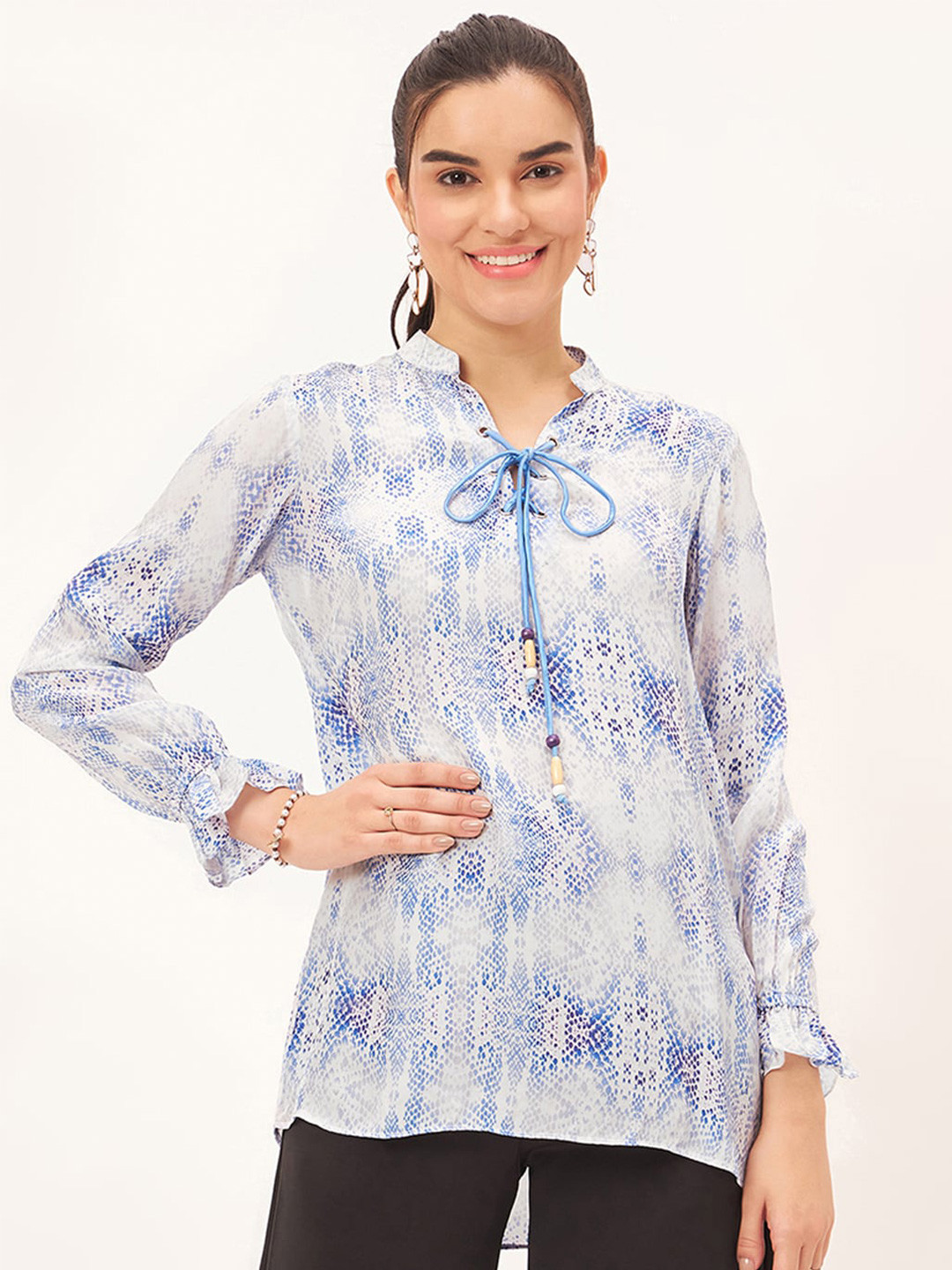 

First Resort by Ramola Bachchan Abstract Print Tie-Up Neck Cuffed Sleeves Ruffles Top, Blue