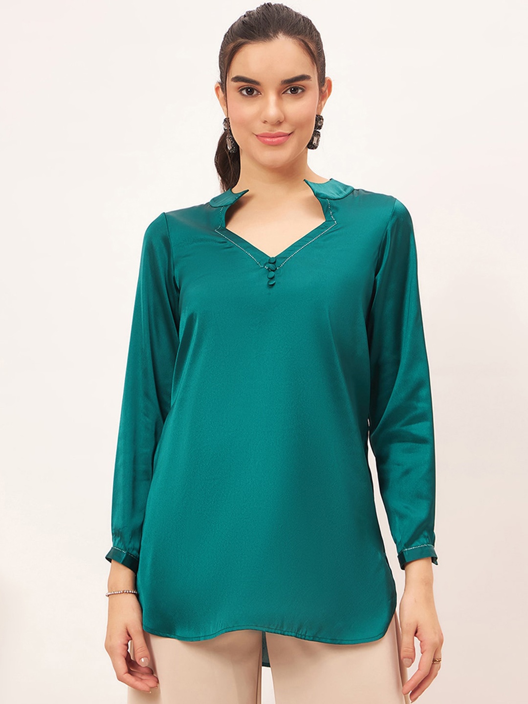 

First Resort by Ramola Bachchan V-Neck Satin Opaque Studded Top, Teal