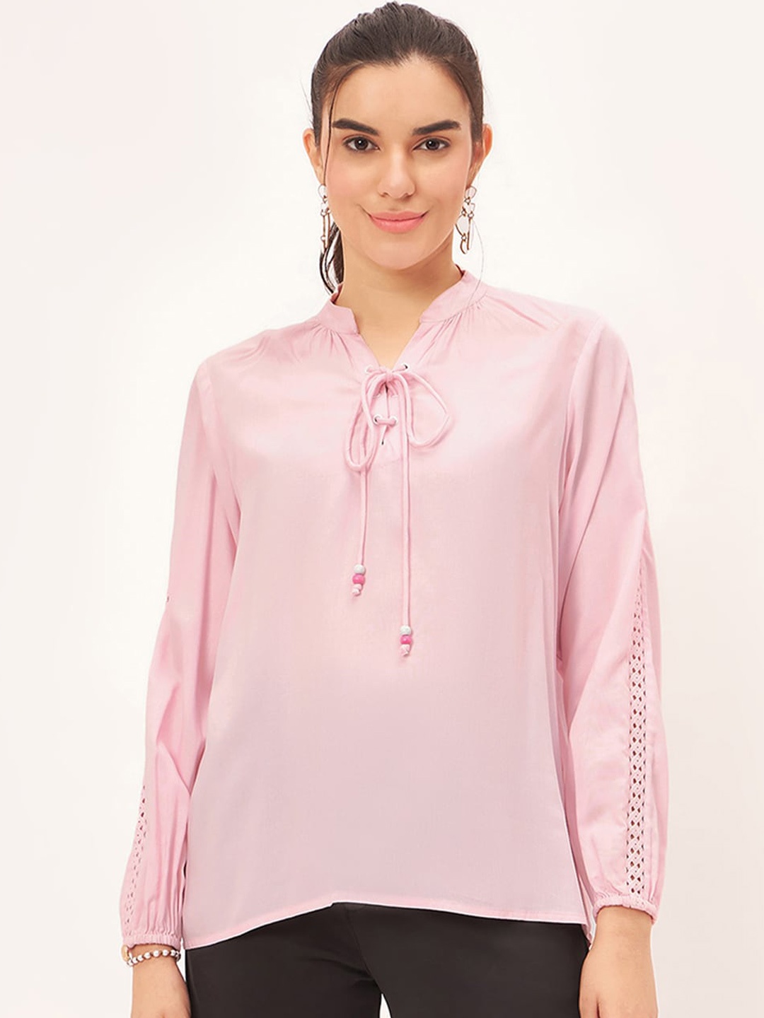 First Resort by Ramola Bachchan Tie-Up Neck Lace Inserts Opaque Top, Pink
