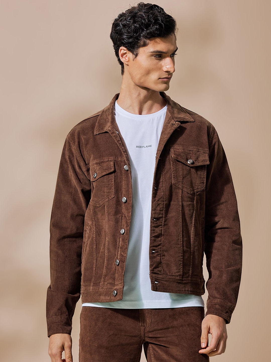 

DAGERRFLY Spread Collar Stretchable Cotton Denim Jacket, Brown