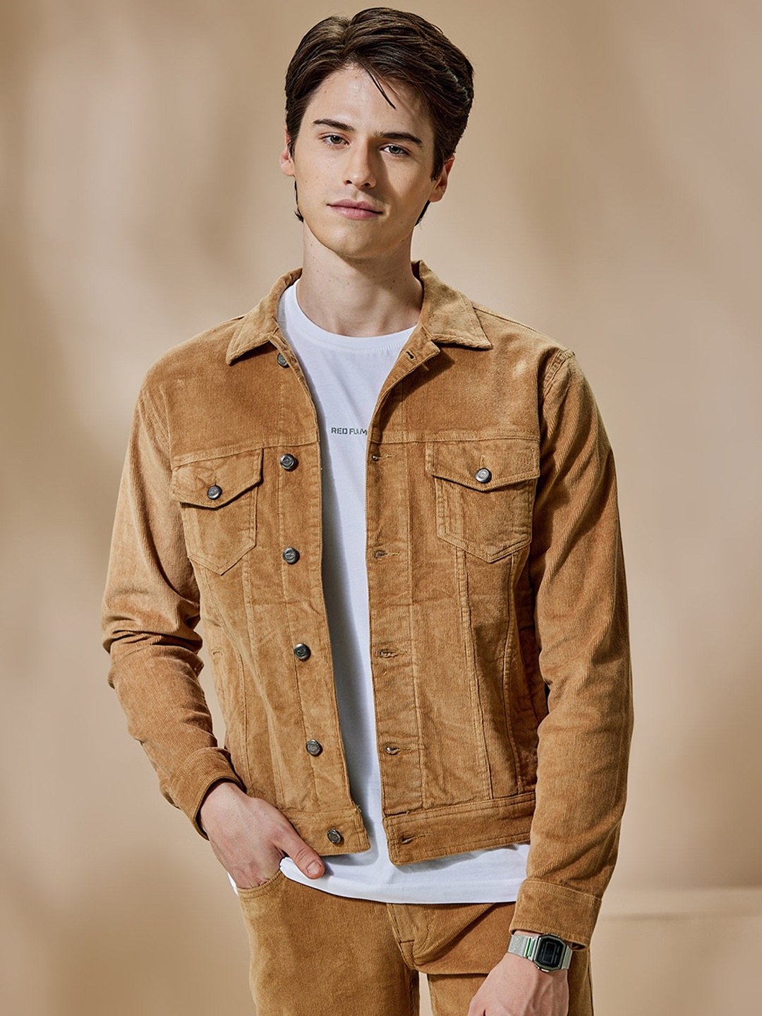 

DAGERRFLY Spread Collar Stretchable Denim Jacket, Khaki