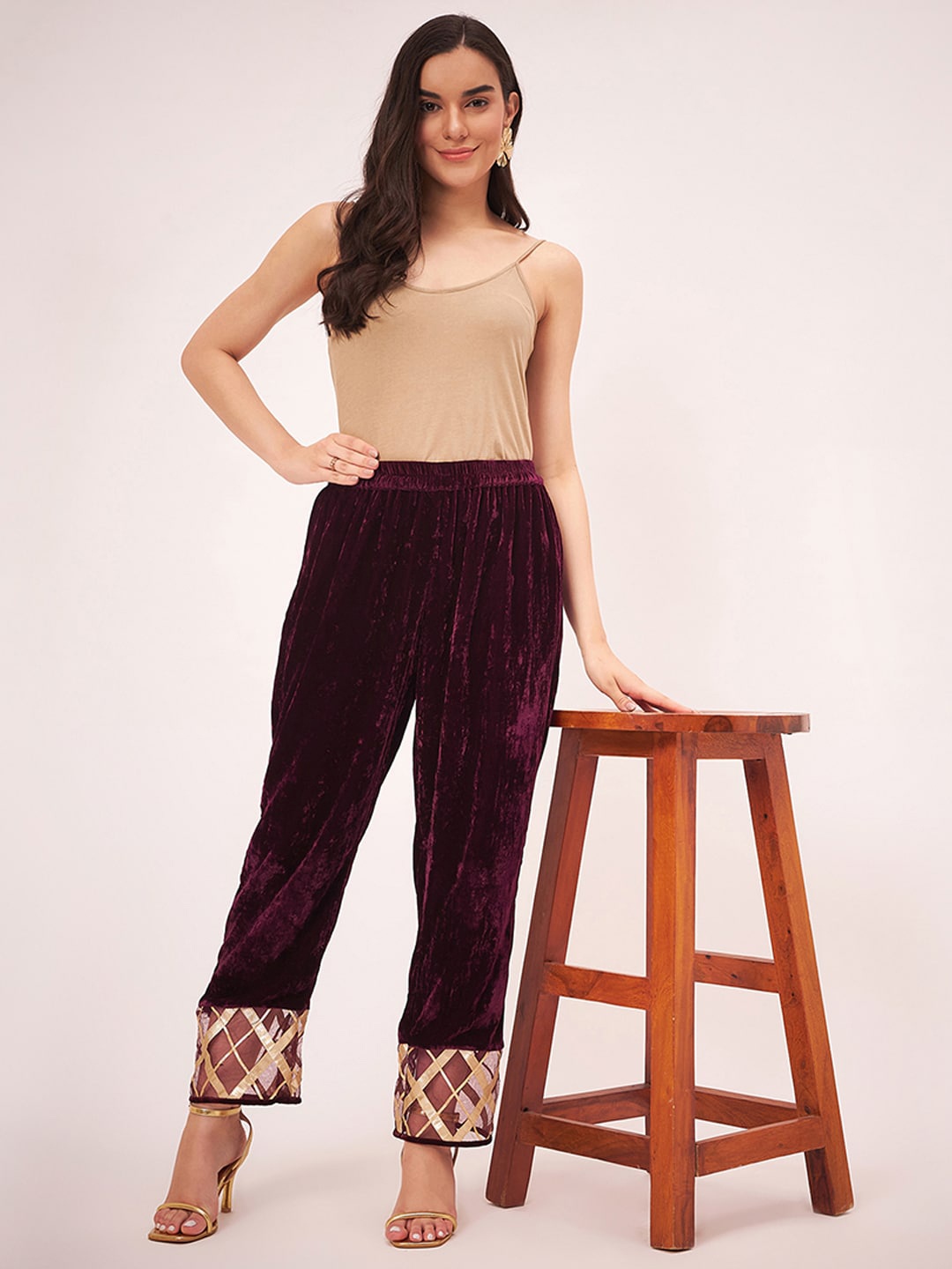 First Resort by Ramola Bachchan High-Rise Straight Fit Velvet Trouser, Maroon