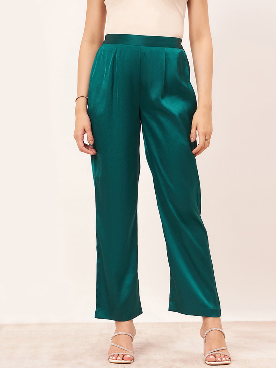 

First Resort by Ramola Bachchan Women High-Rise Satin Parallel Trousers, Teal
