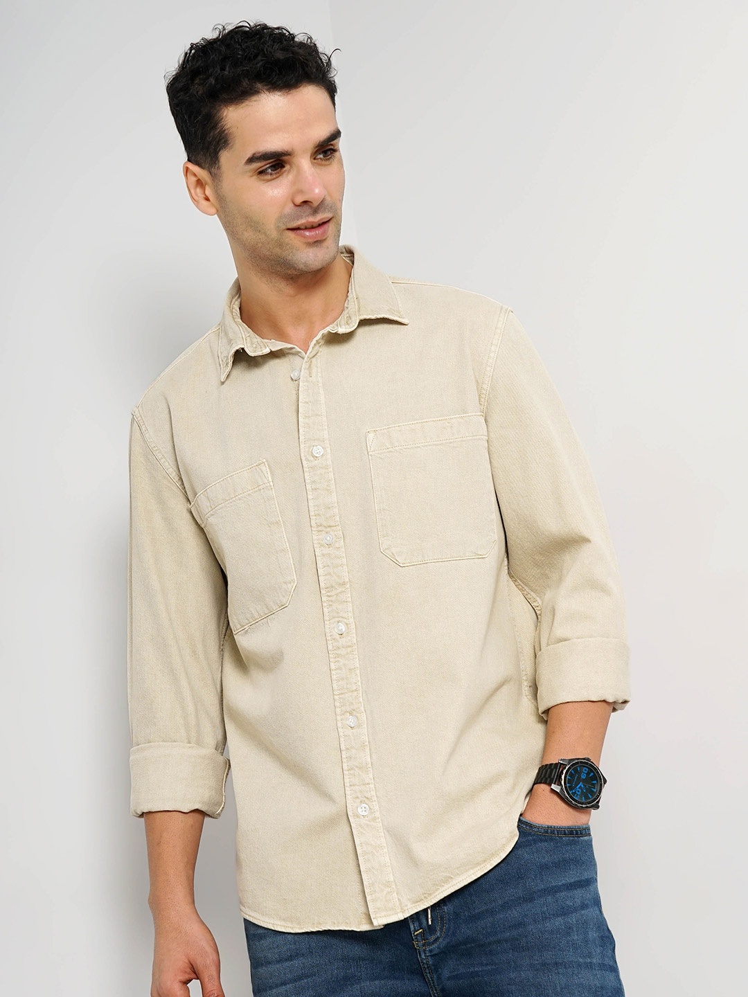

Celio Men Classic Slim Fit Denim Cotton Casual Shirt, Beige