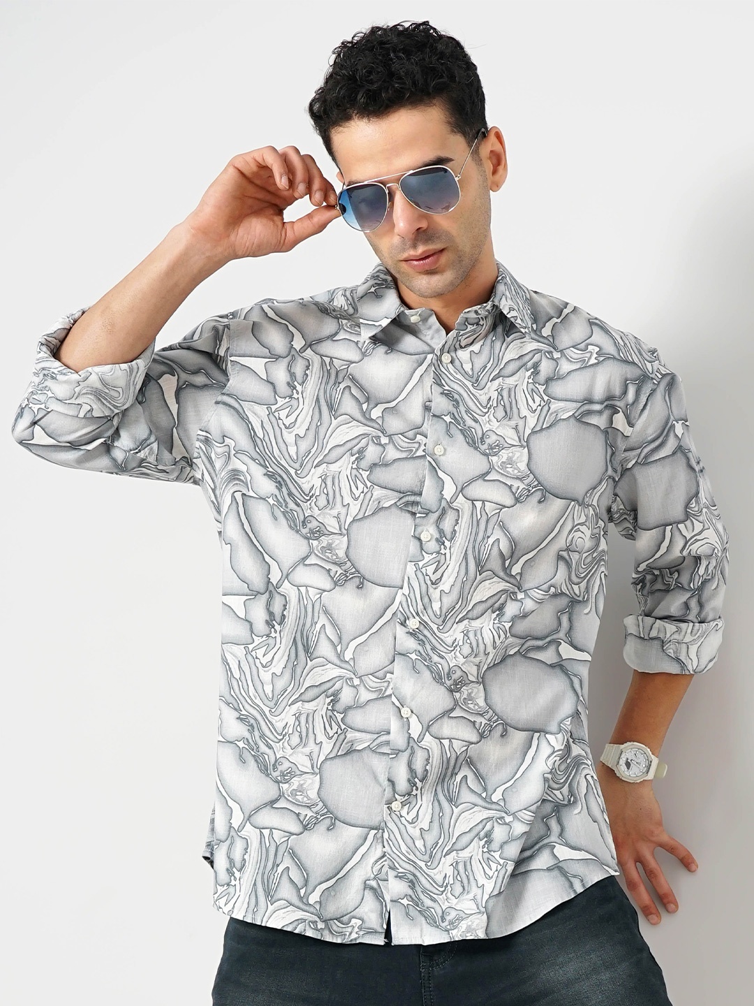 

Celio Men Classic Abstract Printed Cotton Casual Shirt, Grey