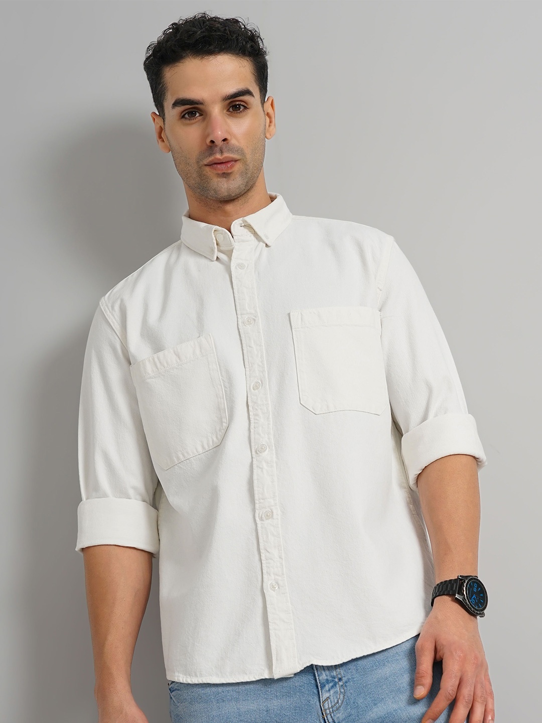 

Celio Classic Slim Fit Button-Down Collar Cotton Denim Casual Shirt, White