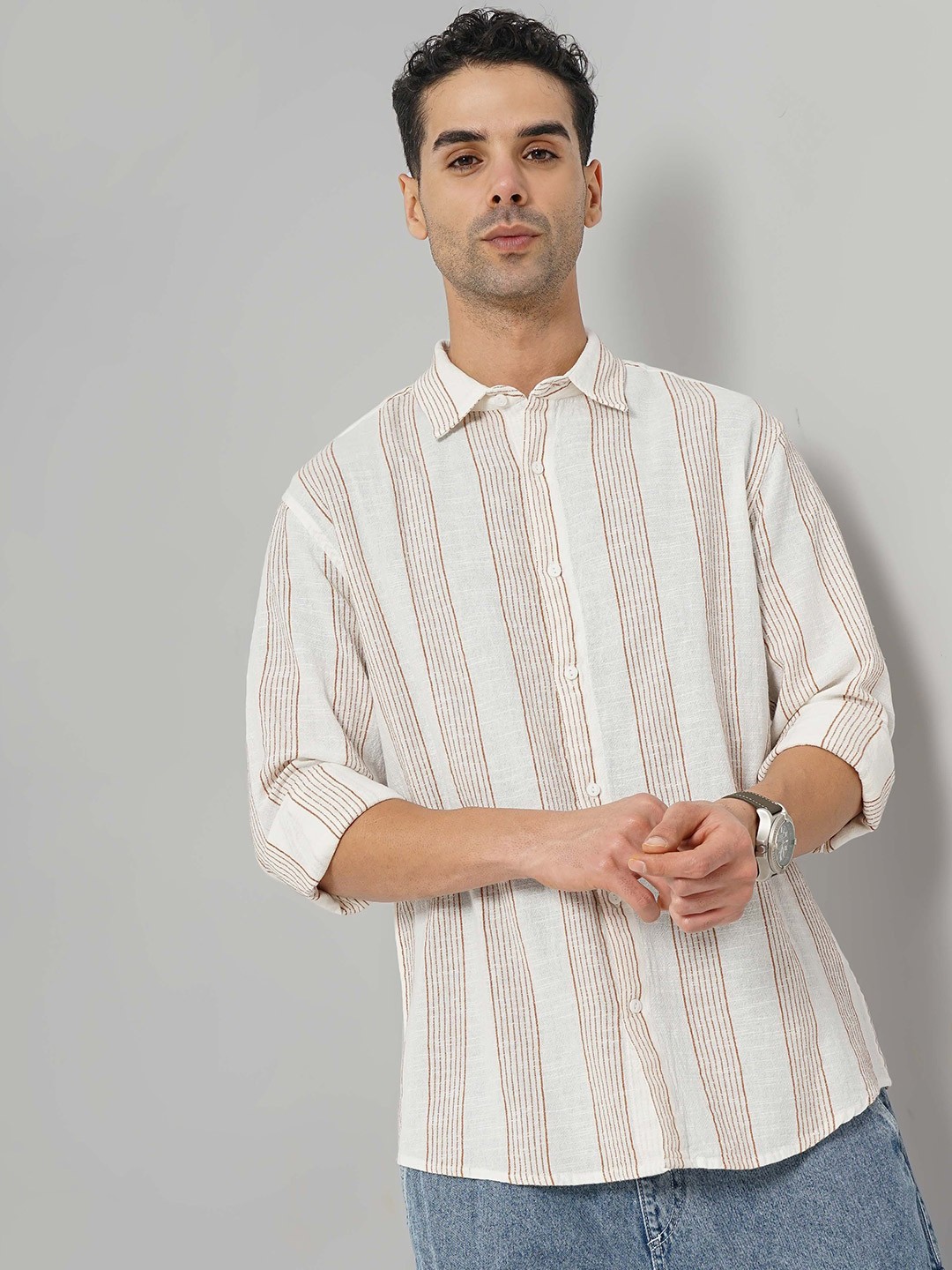 

Celio Men Classic Slim Fit Striped Printed Cotton Casual Shirt, Brown