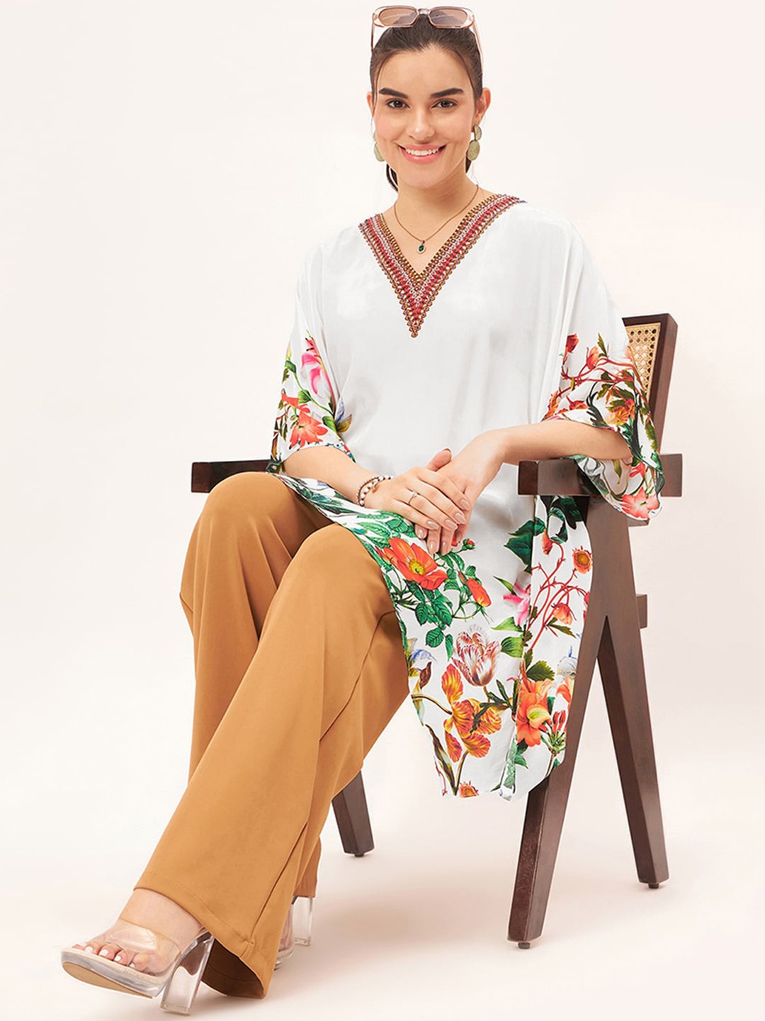 

First Resort by Ramola Bachchan Floral Print Kaftan Top, White