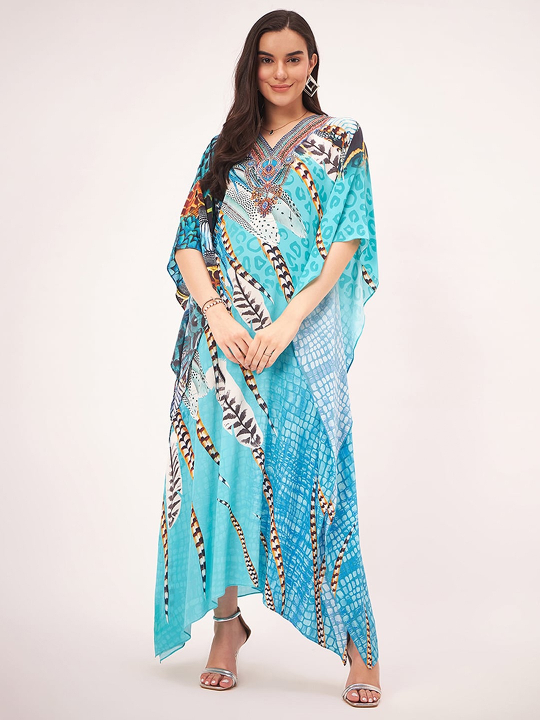 

First Resort by Ramola Bachchan Print Kimono Sleeve Crepe Kaftan Maxi Dress, Turquoise blue