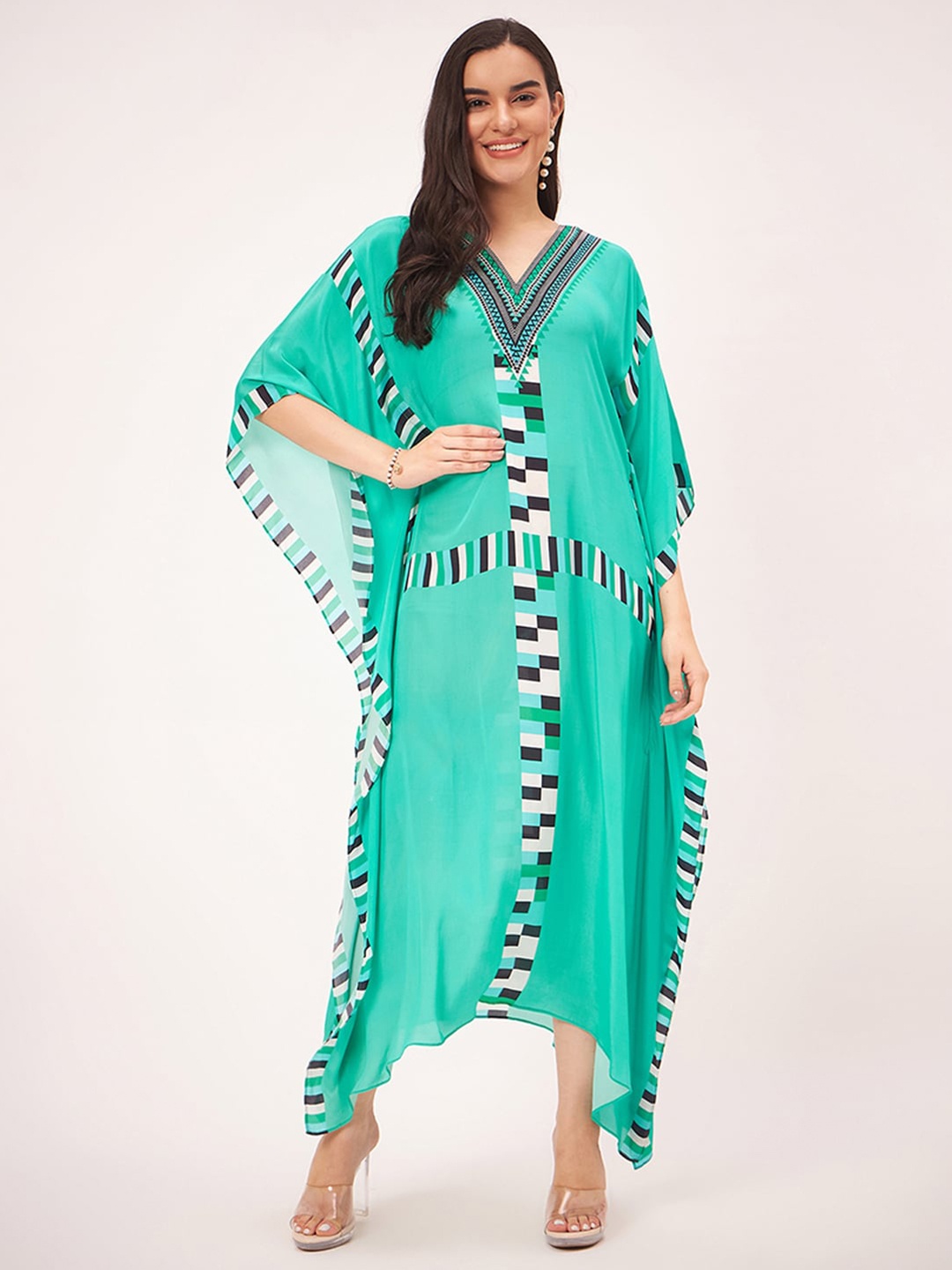 

First Resort by Ramola Bachchan Geometric Printed Kaftan Maxi Dress, Green