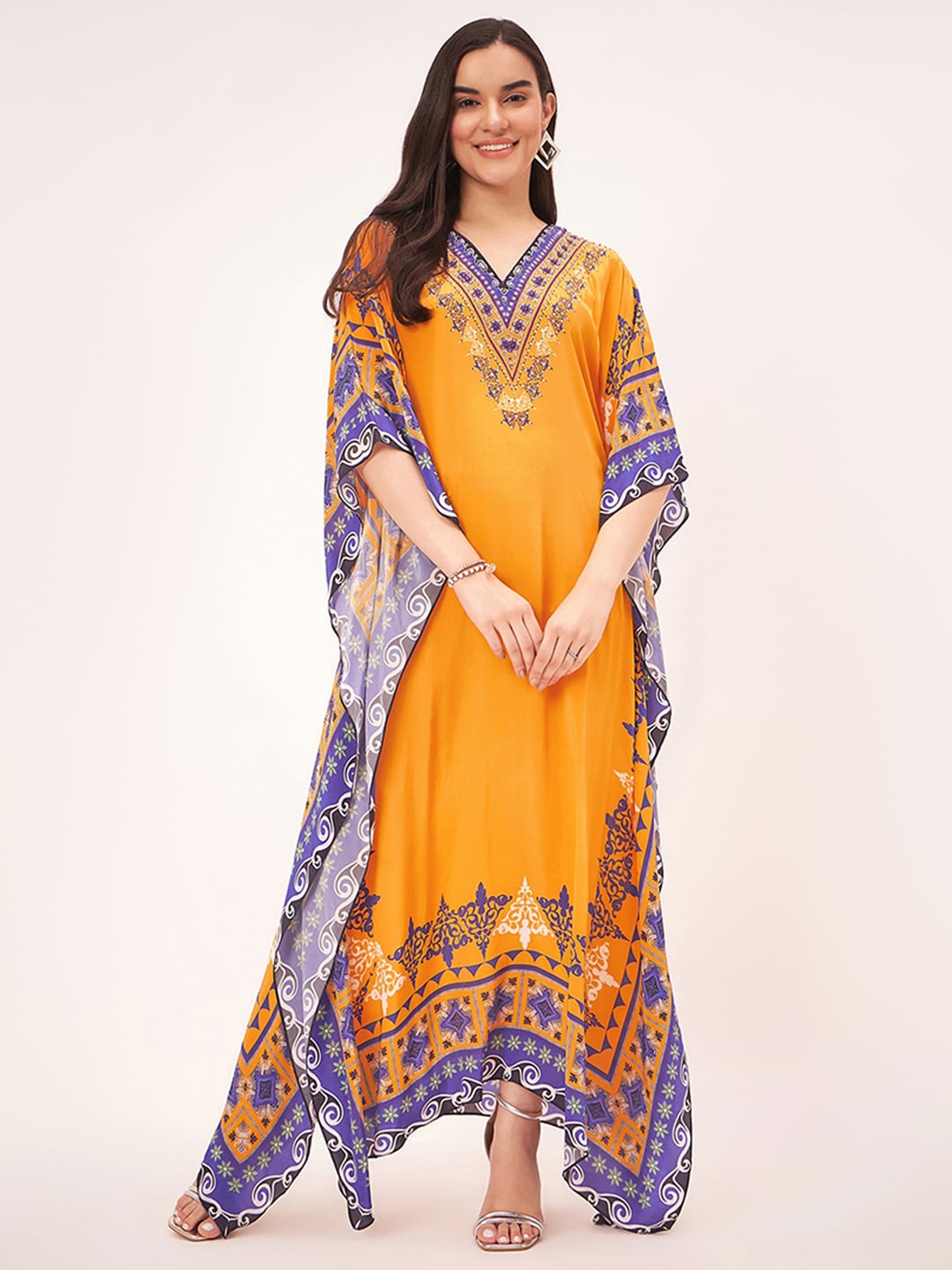 

First Resort by Ramola Bachchan Printed Slit Sleeve Crepe Kaftan Maxi Dress, Yellow
