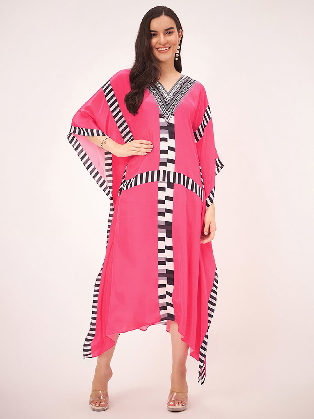 First Resort by Ramola Bachchan Geometric Printed V-Neck Crepe Kaftan Maxi Dress, Pink