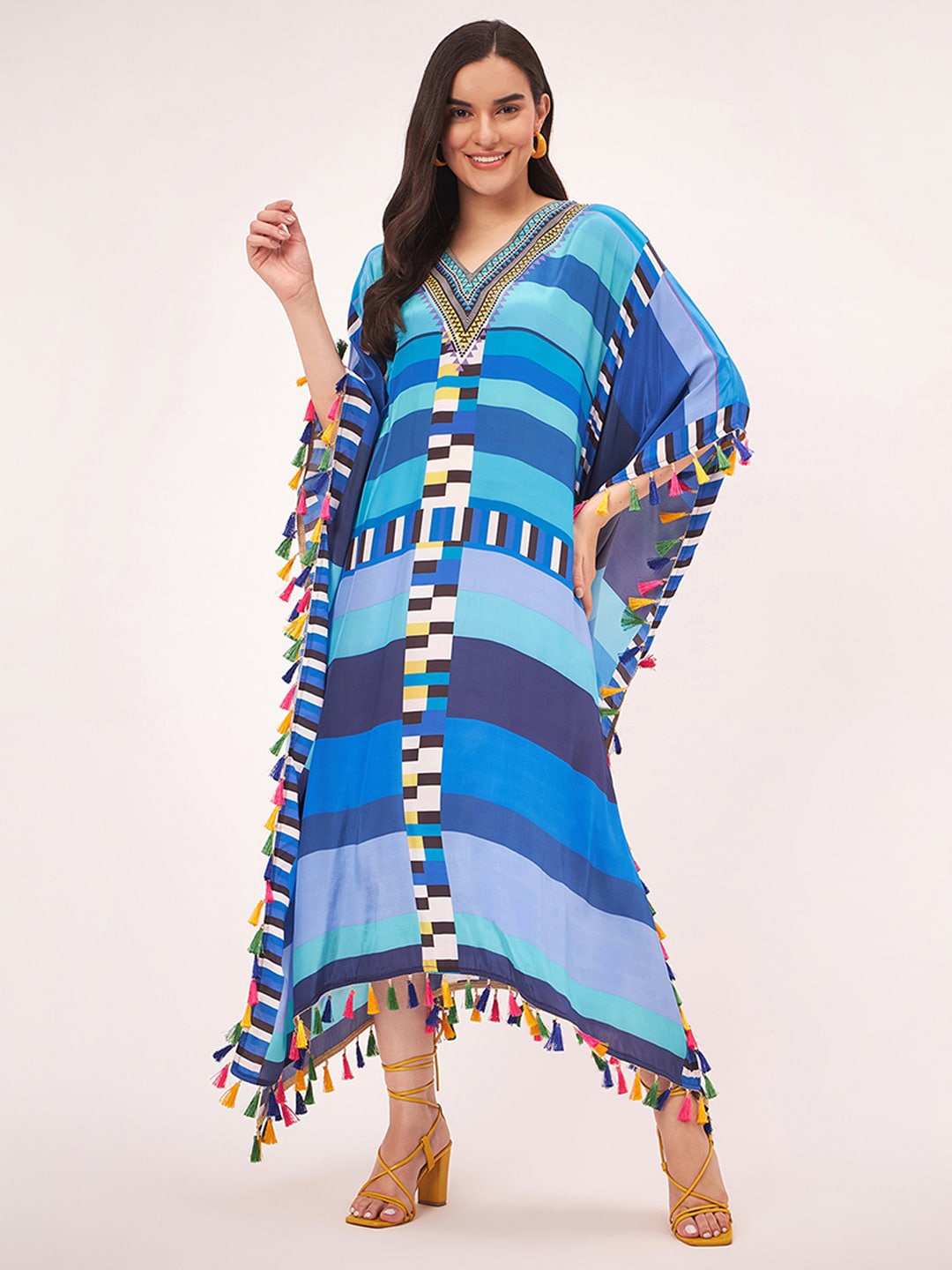 

First Resort by Ramola Bachchan Geometric Printed Tassel Kaftan Maxi Dress, Blue