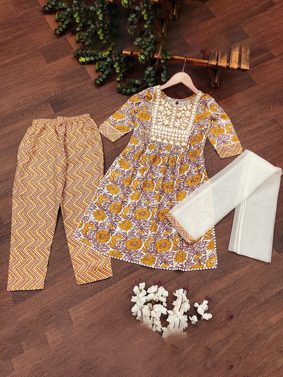 

BAESD Girls Round Neck Floral Printed A Line Kurta with Trousers & Dupatta, Yellow