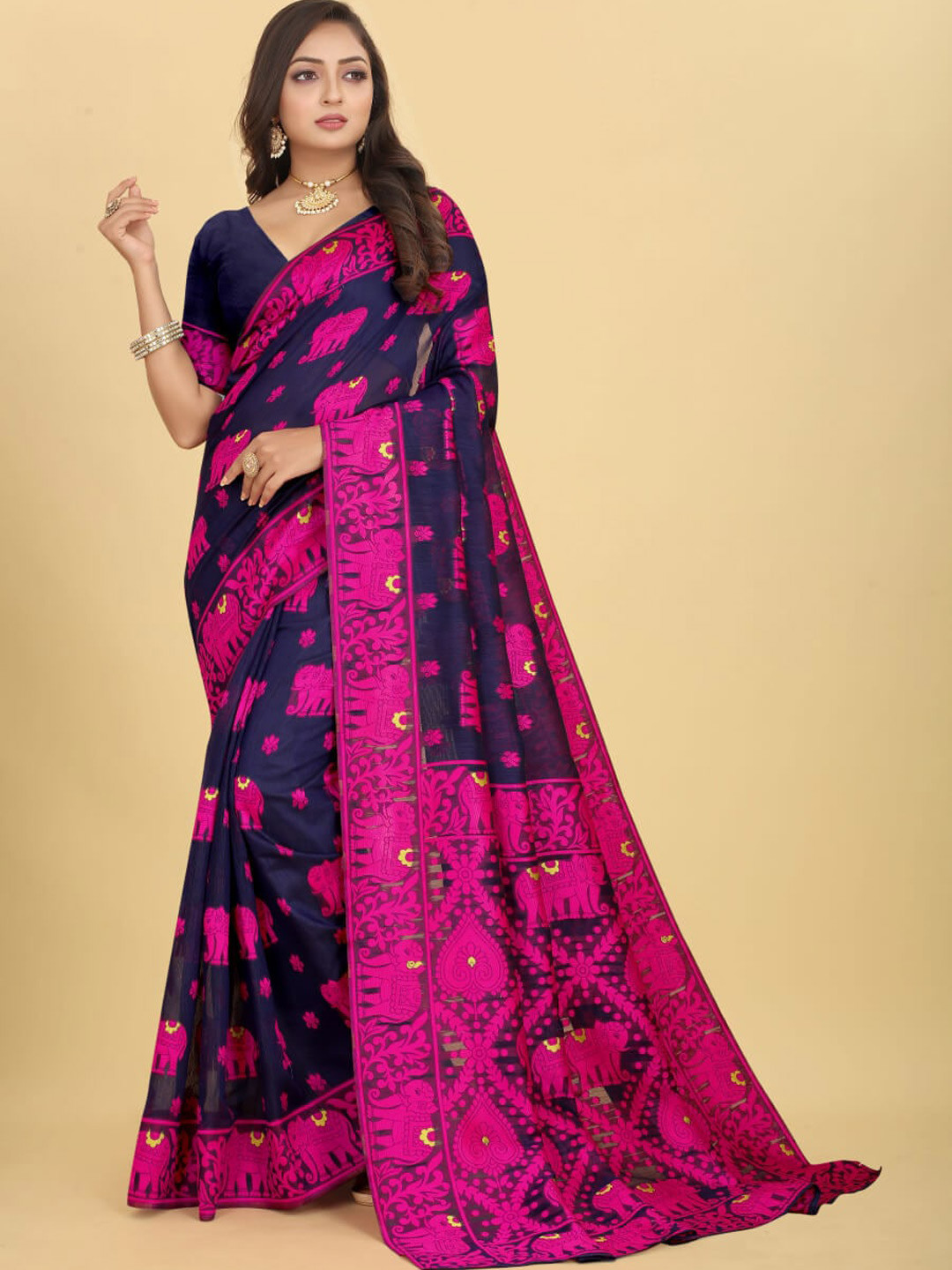 

VenderVilla Ethnic Motifs Woven Design Saree, Navy blue